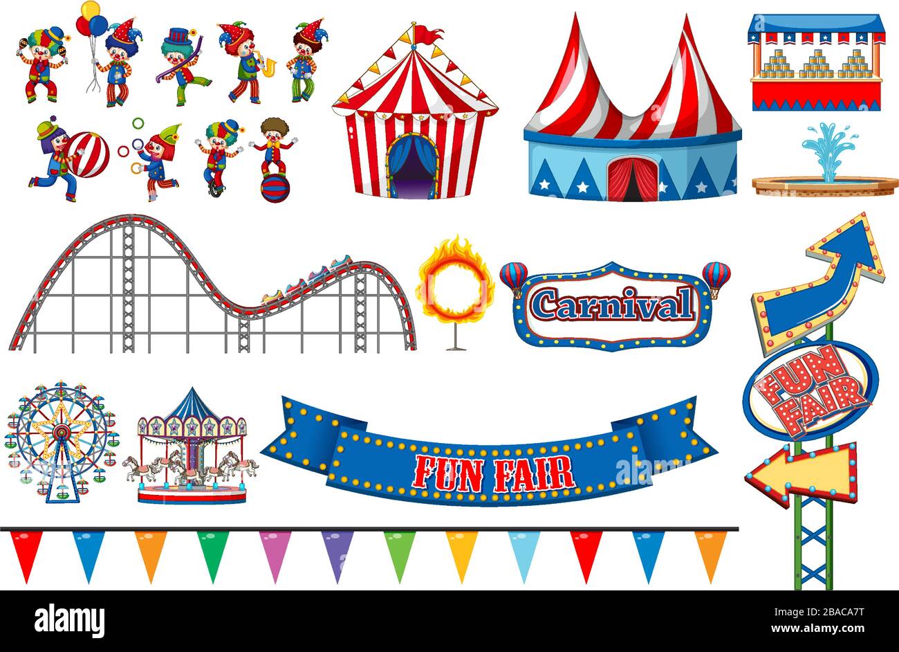 Grand ensemble de manèges et clowns de cirque sur fond blanc illustration Illustration de Vecteur