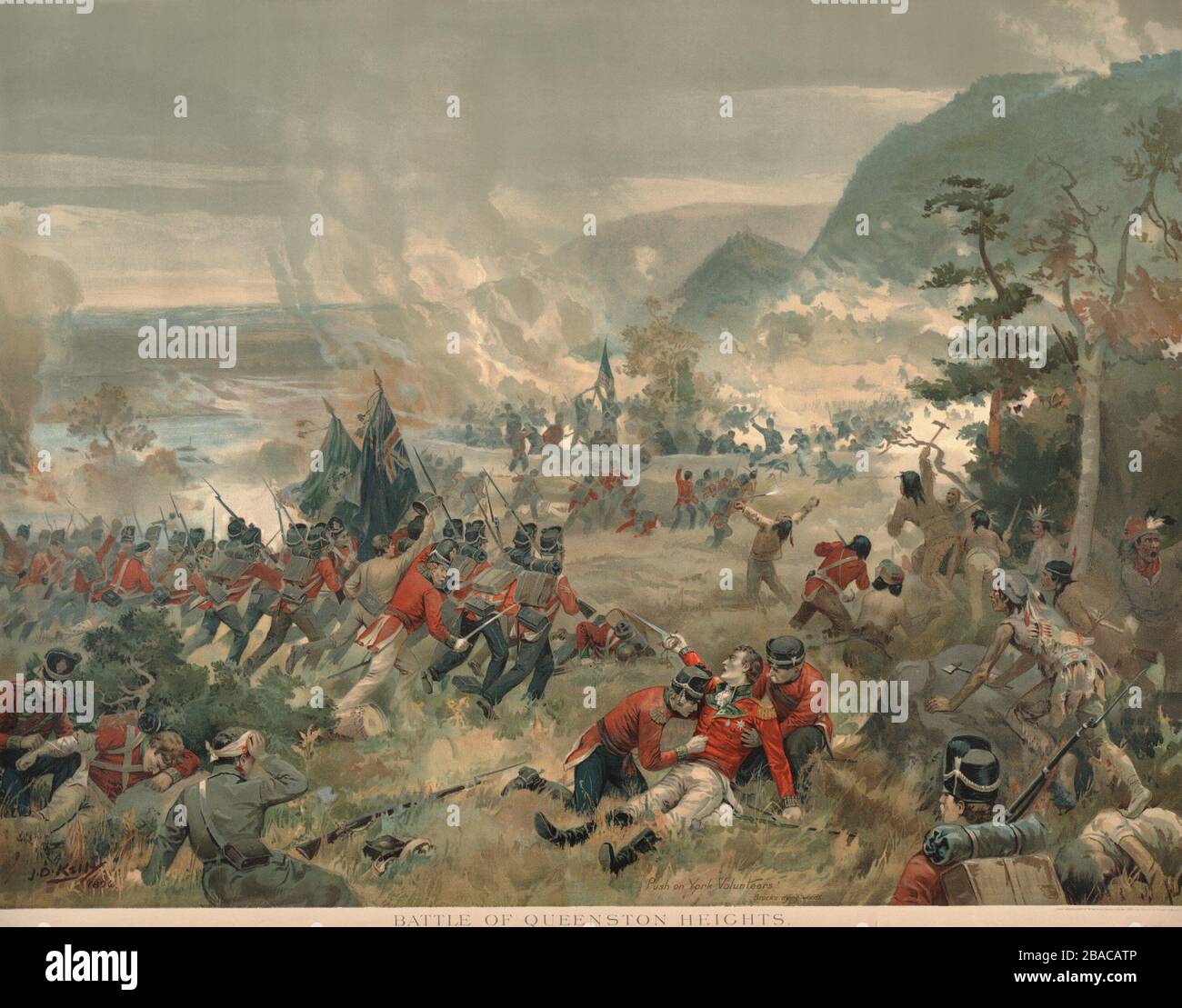 Guerre de 1812, bataille de Queenston Heights, 12 octobre 1812. Scène de bataille dans laquelle le général britannique Issac Brock a été tué au combat (premier plan). 1 300 soldats britanniques, de la milice York et Lincoln et des guerriers mohawk ont repoussé l'attaque par 3 550 soldats américains et la milice de New York. Les Américains n'ont pas réussi à prendre le territoire du côté canadien de la rivière Niagara et les Américains ont subi 1 100 victimes (tuées, blessées, capturées) auprès des 128 Britanniques (BSLOC_2019_6_72) Banque D'Images