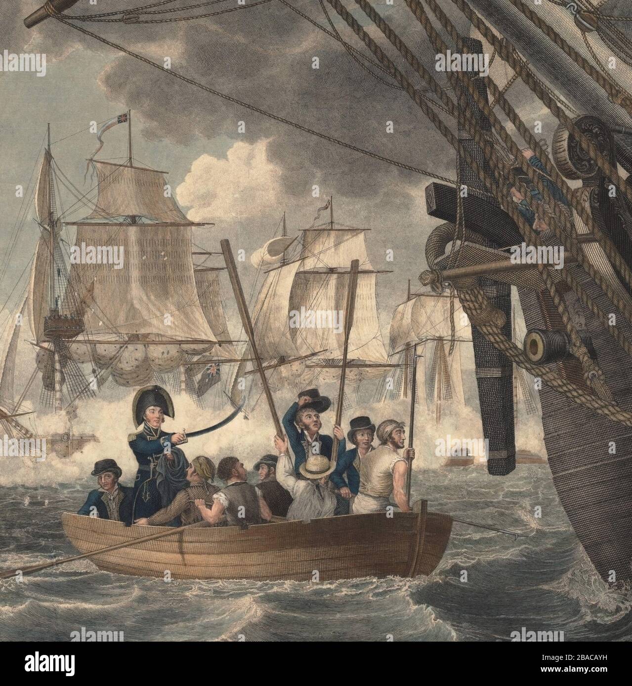 Guerre de 1812.la bataille du lac Érié, alias la bataille de put-in-Bay, 10 septembre 1813. Le Commandant Oliver Perry avec son personnel et ses marins sont en feu alors qu'ils se tournent vers l'USS Niagara, son nouveau phare après que l'USS Lawrence a été gravement endommagé (BSLOC 2019 6 98) Banque D'Images