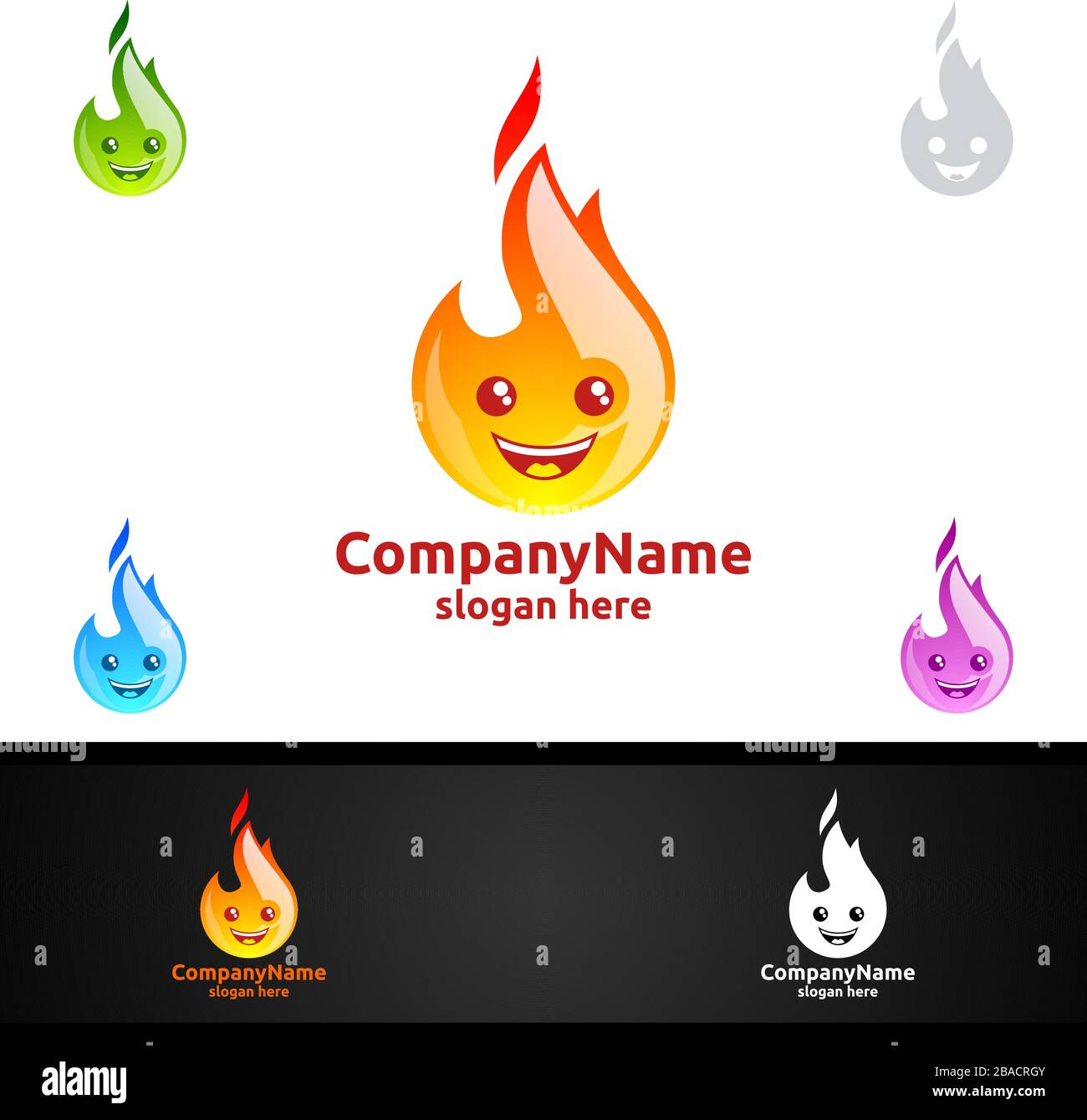 Feu et flamme avec un joli concept de logo de personnage de visage Illustration de Vecteur