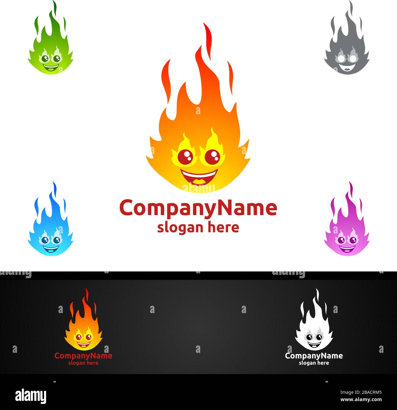 Feu et flamme avec un joli concept de logo de personnage de visage Illustration de Vecteur