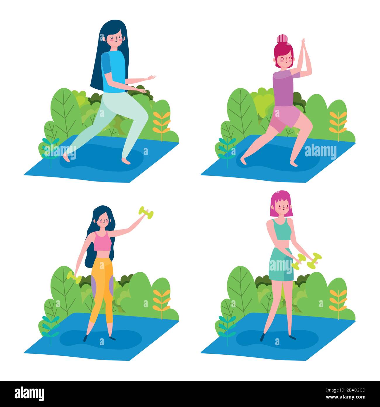 femmes de groupe pratiquant le yoga et le poids de levage extérieur sain vie illustration vectorielle Illustration de Vecteur