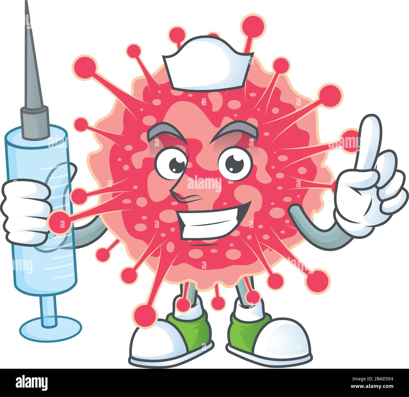 Une infirmière agréable de style mascotte d'urgence de coronavirus à l'aide d'une seringue Illustration de Vecteur