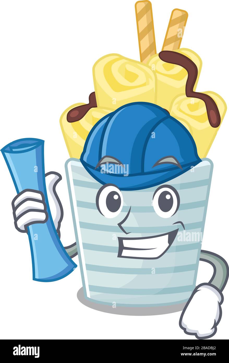 Architecte souriant de bananiers crème glacée avec des imprimés bleus et un casque bleu Illustration de Vecteur