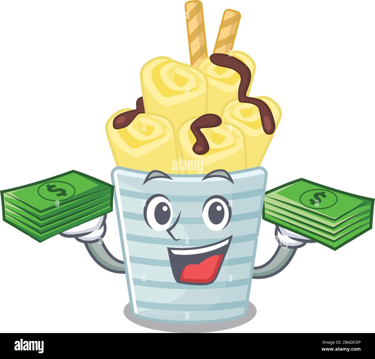 happy face glace crème banana rouleaux personnage ayant de l'argent sur les mains Illustration de Vecteur