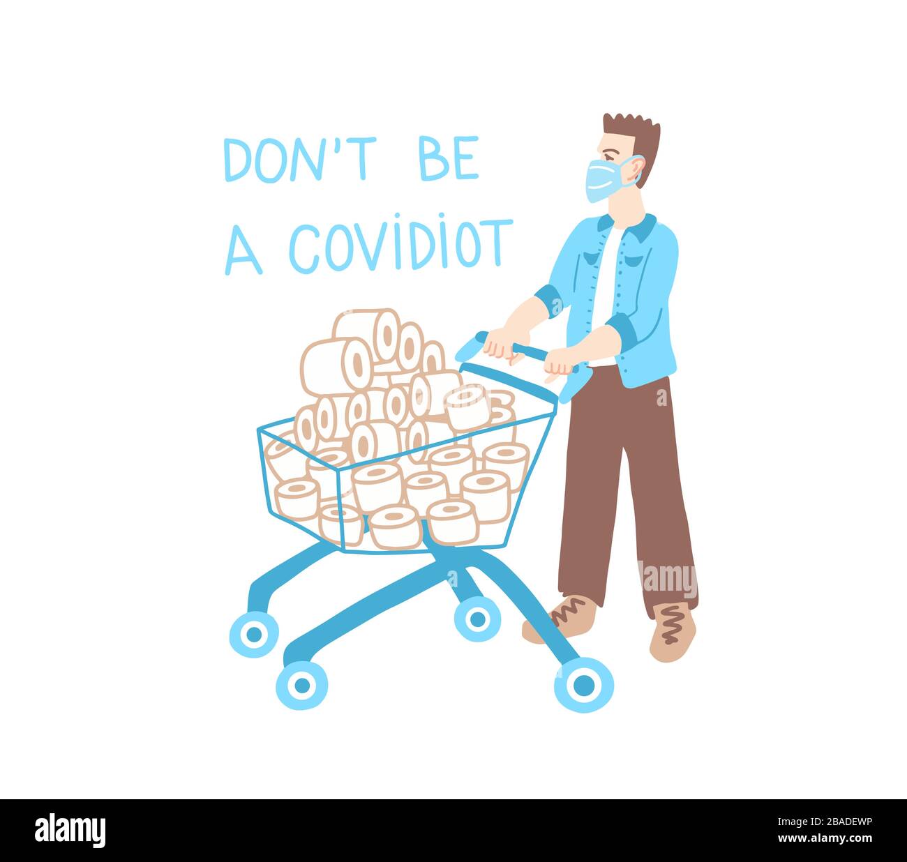ne soyez pas covidiot - coronavirus quarantaine affiche de motivation, un homme dans un masque médical a acheté un panier complet de papier toilette Illustration de Vecteur