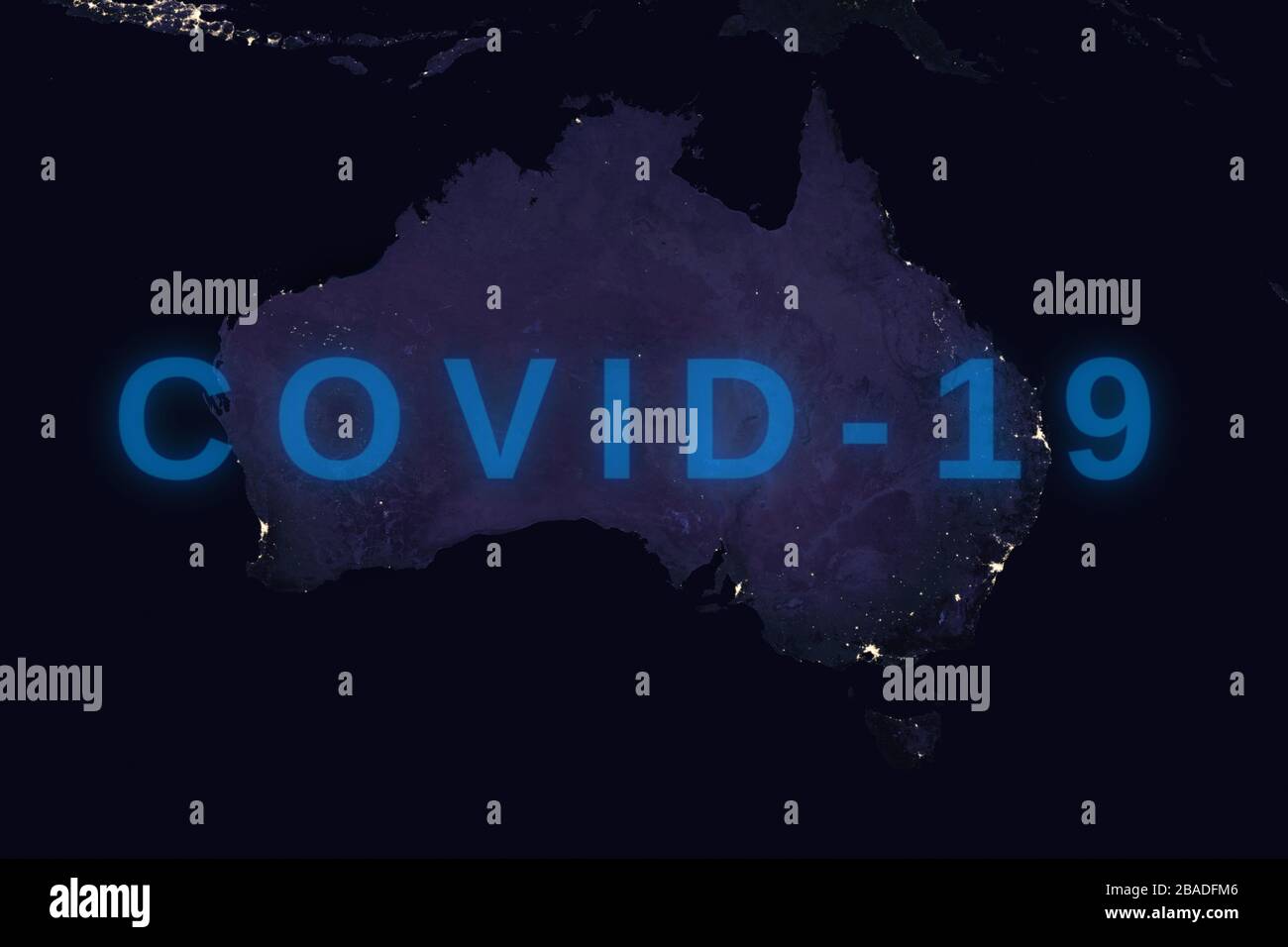 Coronavirus maladie - lumineux COVID-19 signe sur la carte de l'Australie - éléments de cette image fournie par la NASA Banque D'Images Coronavirus maladie - lumineux COVID-19 signe sur la carte de l'Australie - éléments de cette image fournie par la NASA Banque D'Images