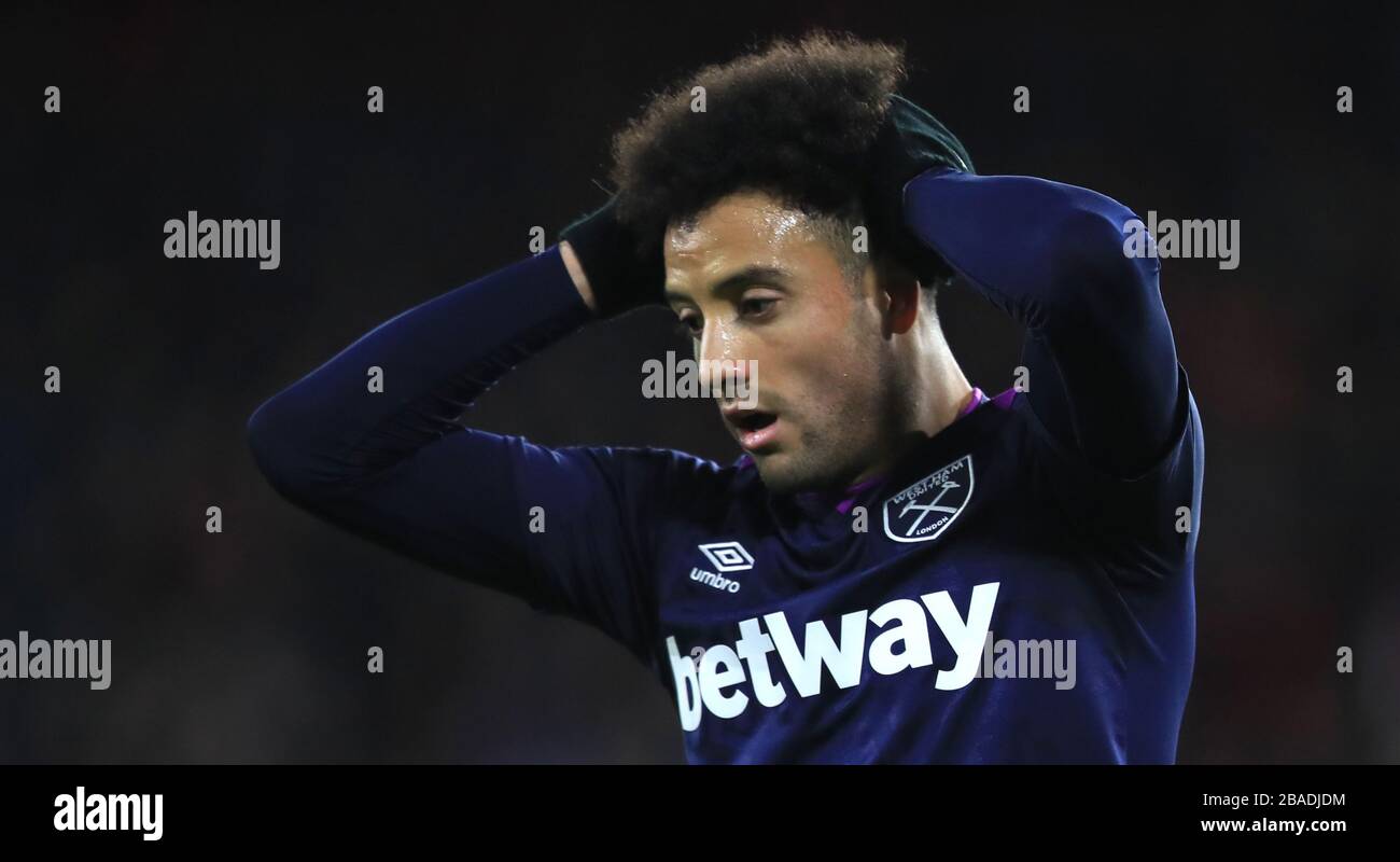 Felipe Anderson de West Ham United réagit après une occasion manquée Banque D'Images