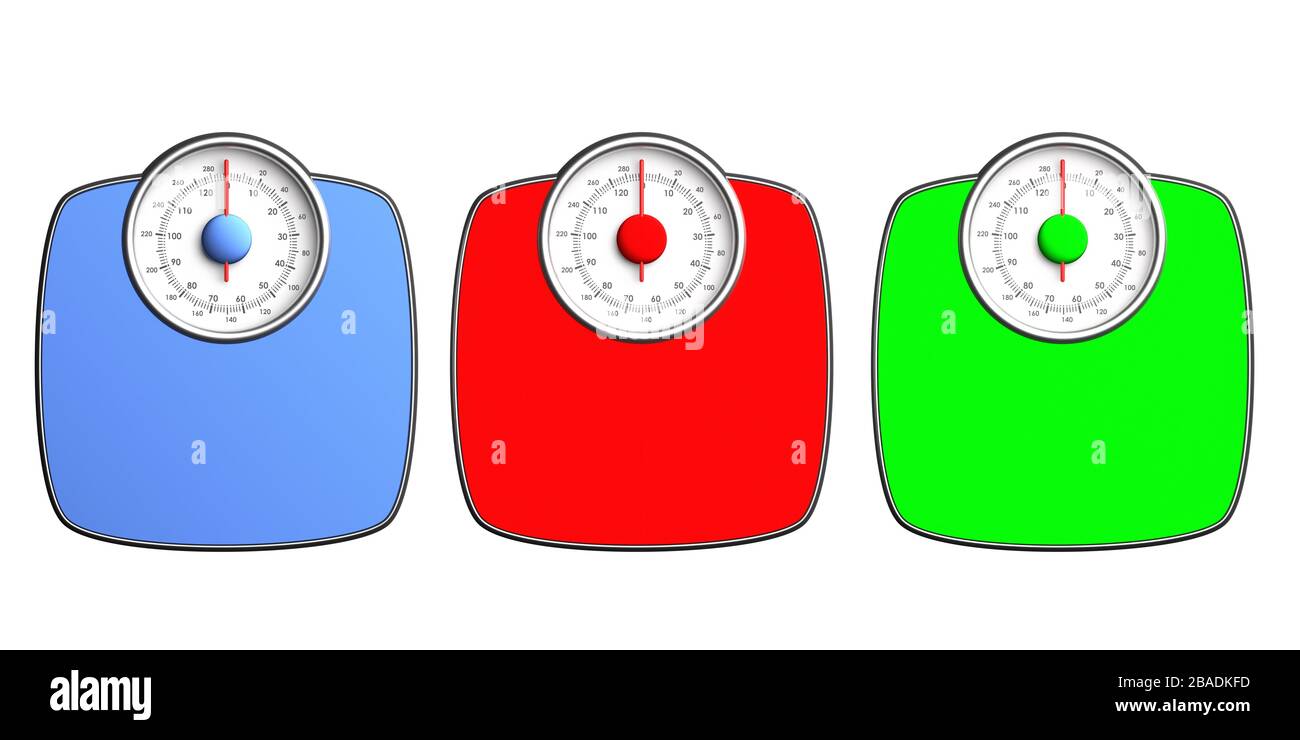 Concept de contrôle du poids. Pèse-personne dans la salle de bains aux couleurs éclatantes, isolé avec découpe sur fond blanc, vue de dessus. illustration tridimensionnelle Banque D'Images