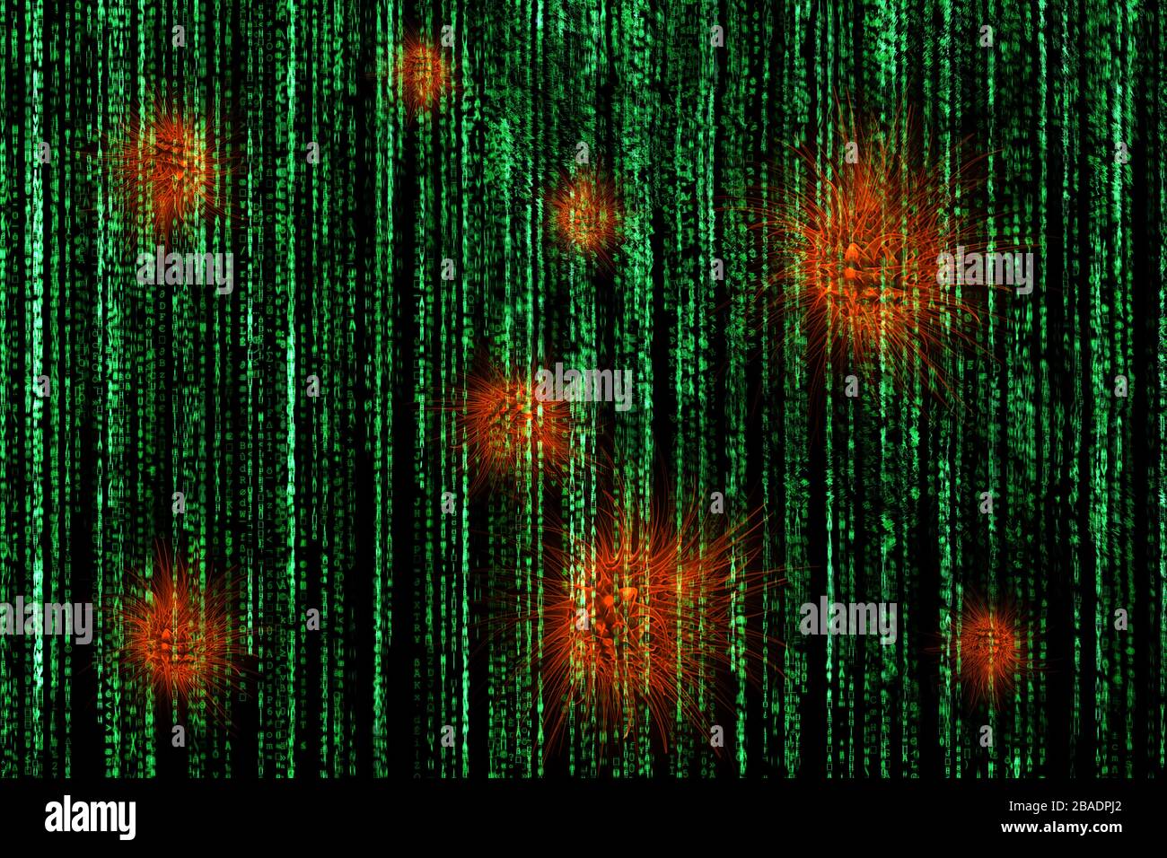 Cellules du virus rouge sur fond de matrice. Concept de virus informatique. Arrière-plan noir de l'illustration tridimensionnelle. Banque D'Images