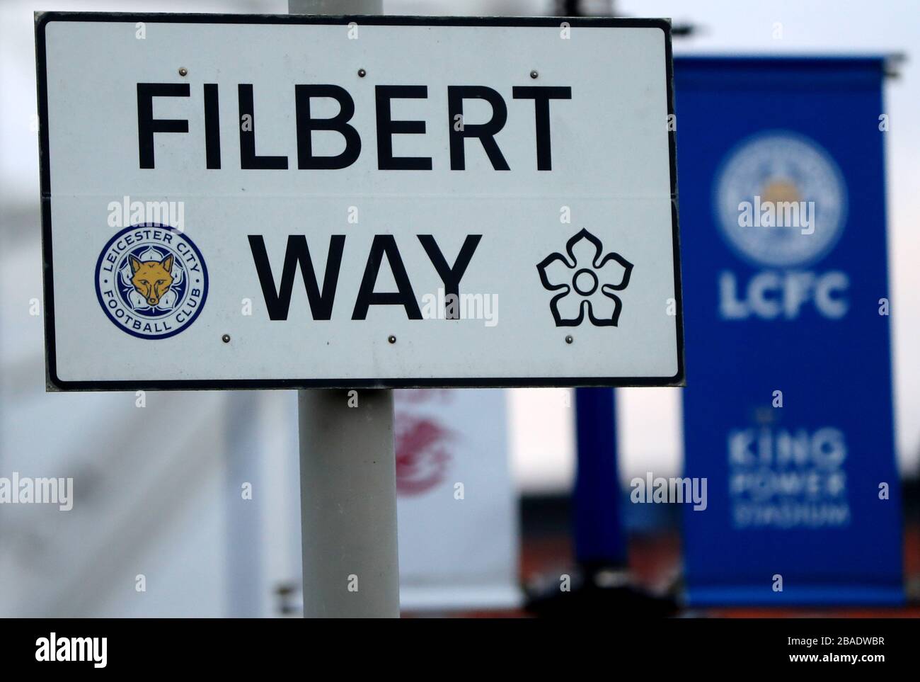 Vue générale sur la signalisation de Filbert Way à l'extérieur du stade Banque D'Images