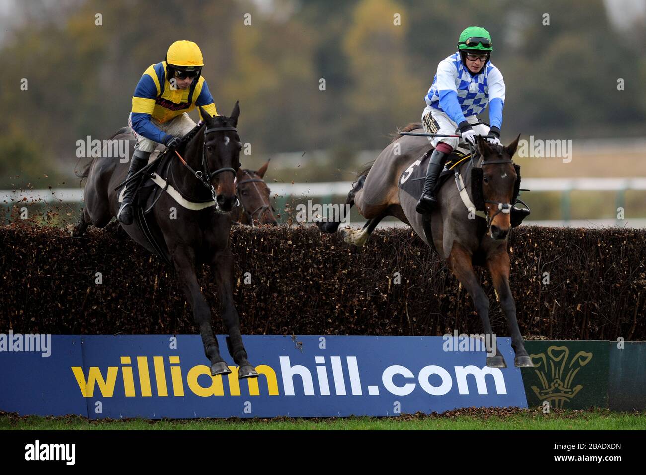 Pocket Aces monté par Leighton Aspell et My fidèles Annie monté par James Banks (à droite) sauter une clôture ensemble dans le Williamhill.com handicap Chase Banque D'Images