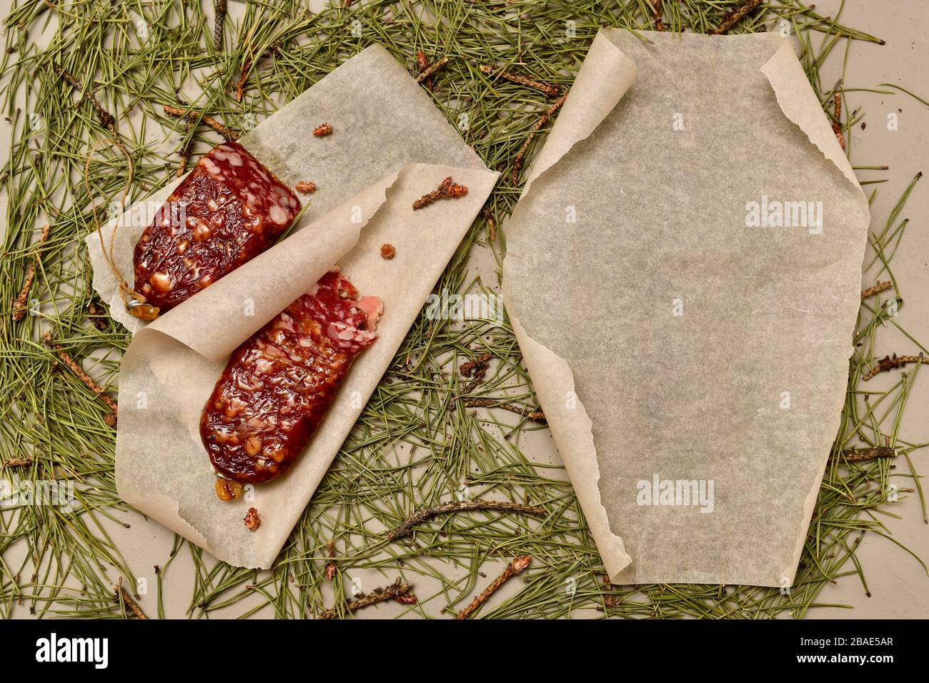 Saucisse séchée faite de viande de castor sur parchemin gauche et droite avec un rouleau de papier roulé vide sur les aiguilles de pin. Banque D'Images