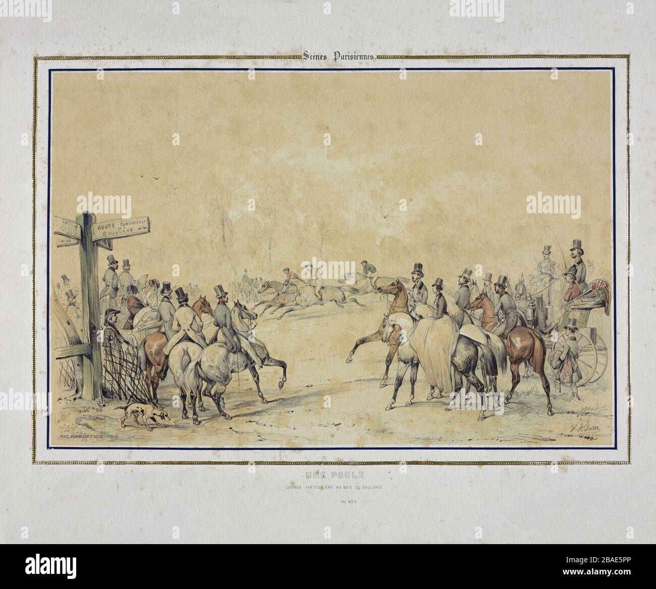 Scènes parisiennes: Une course de cheval particulière dans le Bois de Boulogne. Lithographie de Jean Victor Adam (1801-1867) peintre et lithographe français. Banque D'Images