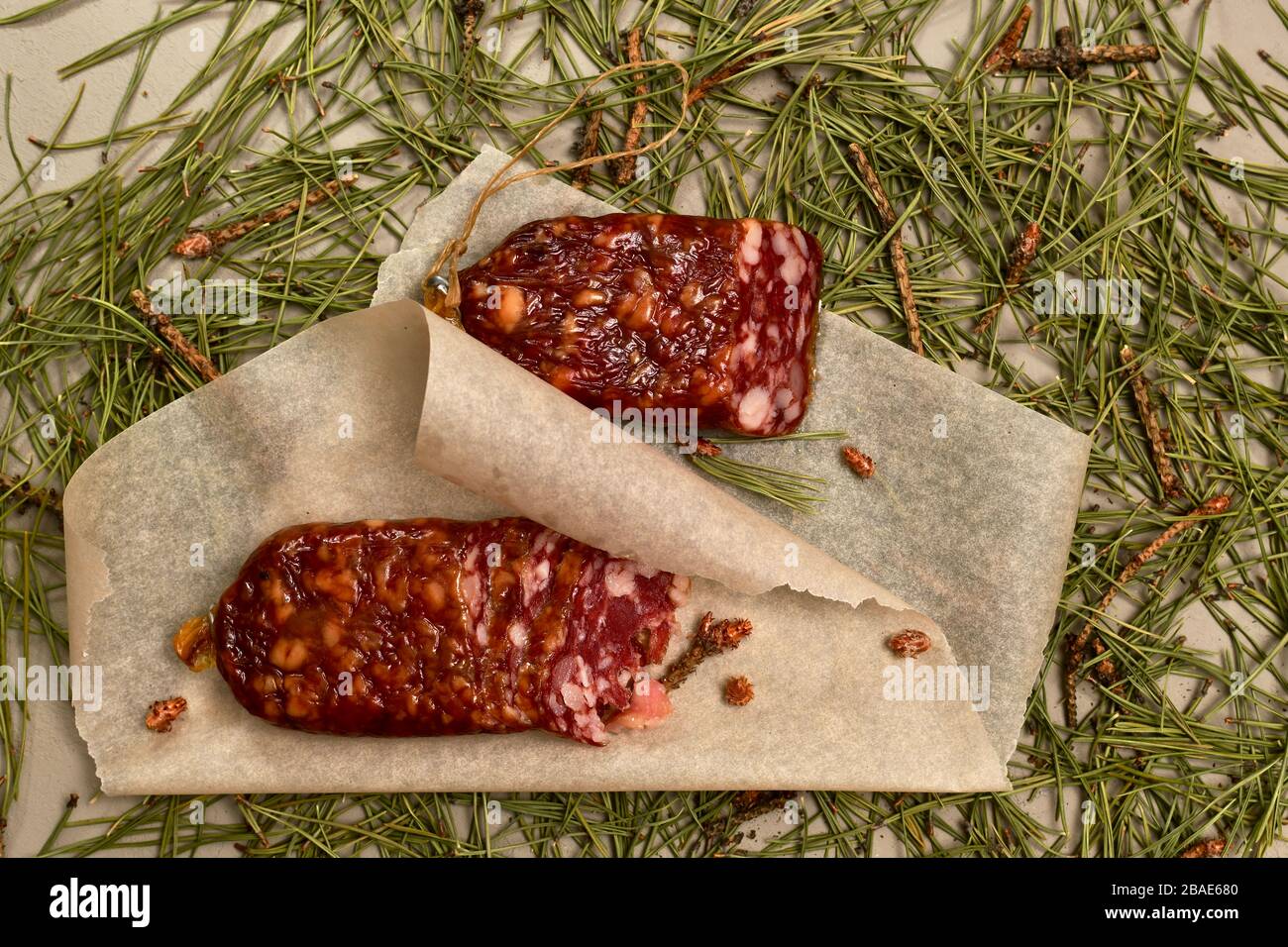 Saucisse séchée faite de viande de castor sur parchemin avec des bourgeons de pin au fond. Parquet en aiguilles de pin. Banque D'Images