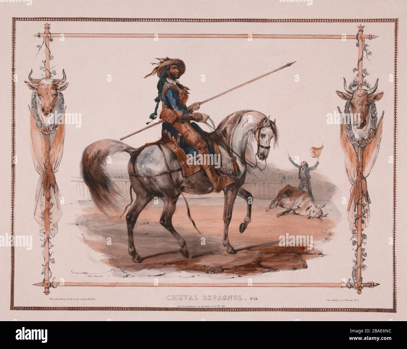 Torreador espagnol à cheval. Lithographie d'Adam, Jean Victor (1801-1867). Le XIXe siècle. Banque D'Images
