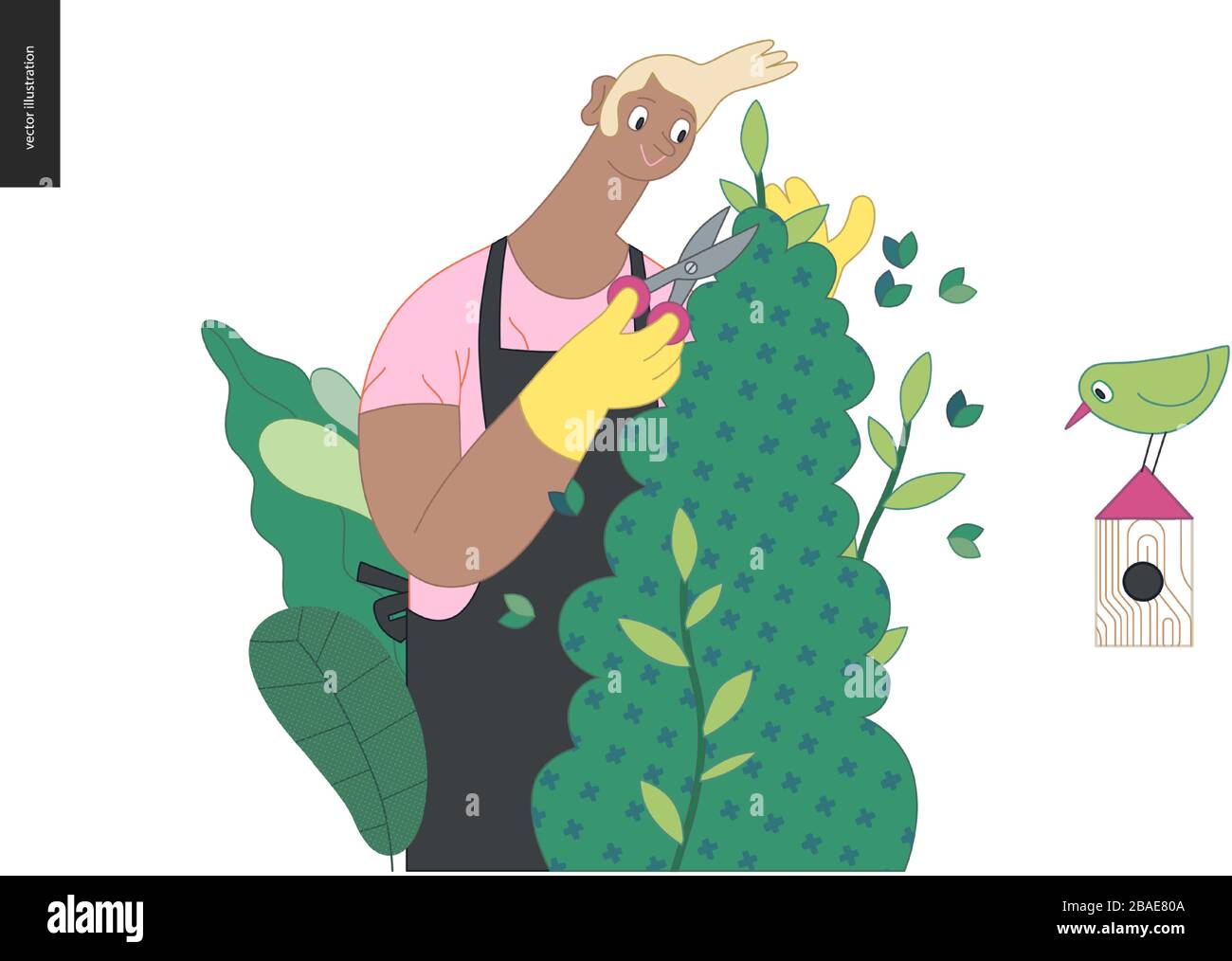 Jardinage, printemps - moderne vecteur plat illustration d'un jeune homme noir portant un tablier noir coupant une bague avec des ciseaux. Guirlande de printemps Illustration de Vecteur