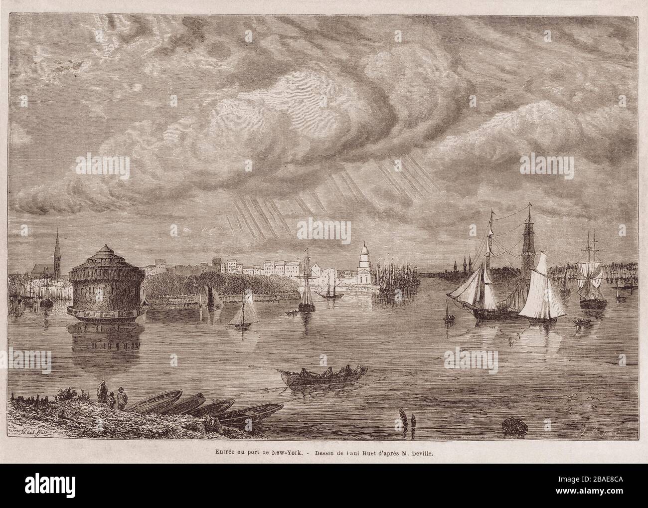 Gravure de l'entrée du port maritime de New York. Par Huet après Deville. xixe siècle Banque D'Images