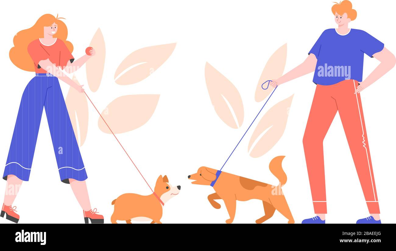 Propriétaires de chiens pour une promenade. Illustration de Vecteur