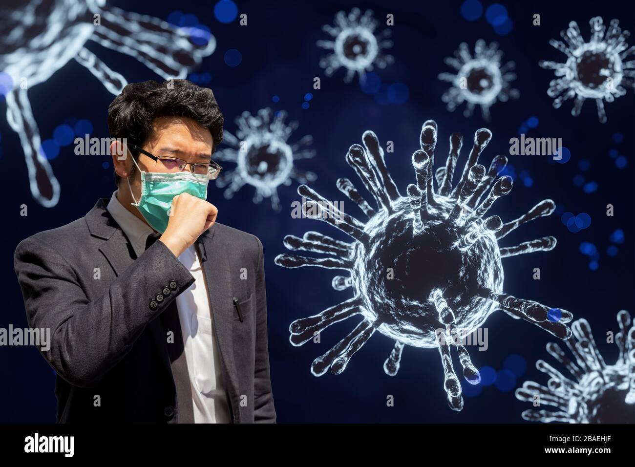 Un homme portant un masque de bouche contre le virus corona. L'éclosion de coronavirus est une éclosion continue de la maladie du coronavirus 2019 (COVID-19) s'est propagée Banque D'Images