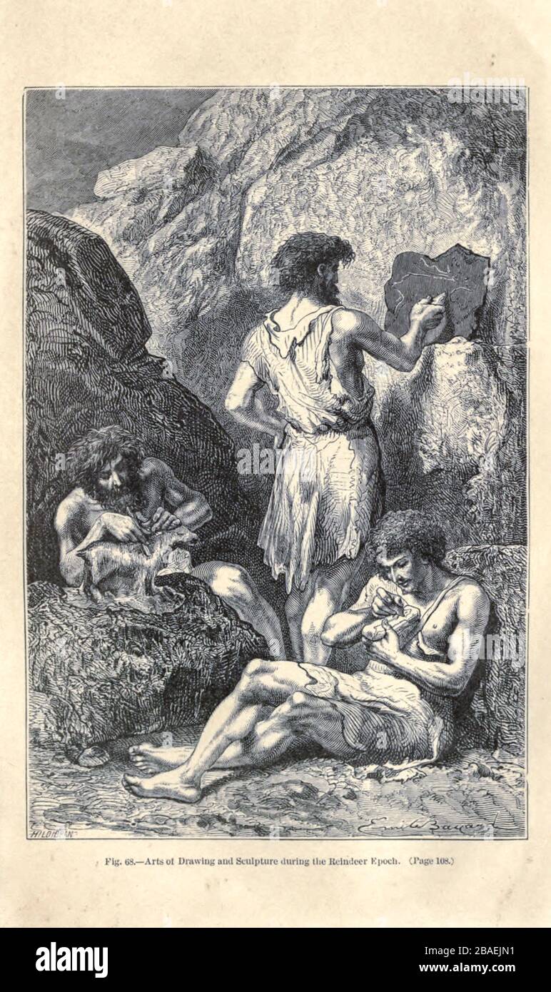 Arts du dessin et de la sculture durant l'époque des rennes selon  l'illustrateur français Emile Bayard (1837-1891), illustration de l'œuvre  publiée dans l'homme primitif par Louis Figuier (1819-1894), publiée à  Londres par