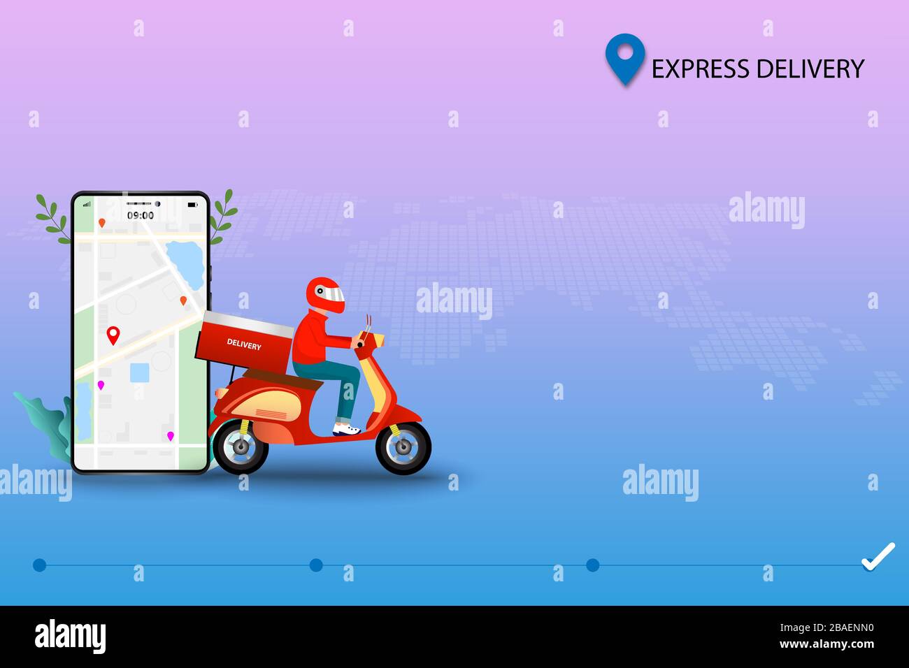 Concept commercial de livraison express, livraison des marchandises par scooter et suivi en ligne à l'aide d'une application sur téléphone mobile. Illustration de Vecteur