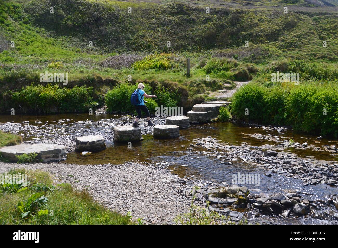 Lone Woman Hiker Walking on Stepping Stones on Strawberry Water in Welcombe Mouth on the South West Coastal Path, North Devon, Angleterre, Royaume-Uni Banque D'Images