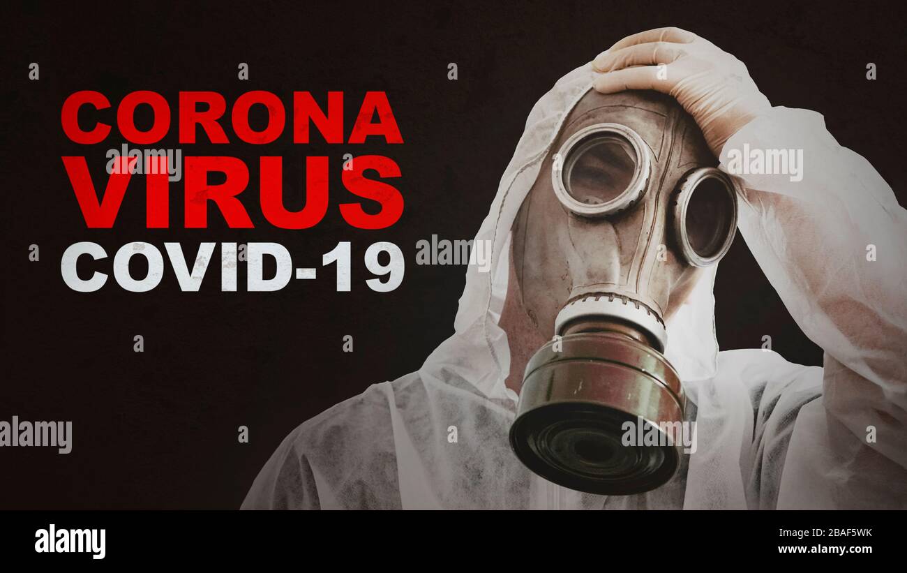 homme en costume de protection et masque à gaz sur fond noir. concept de protection contre les virus. Inscription Coronavirus. Concept de pollution atmosphérique, Pneumo Banque D'Images