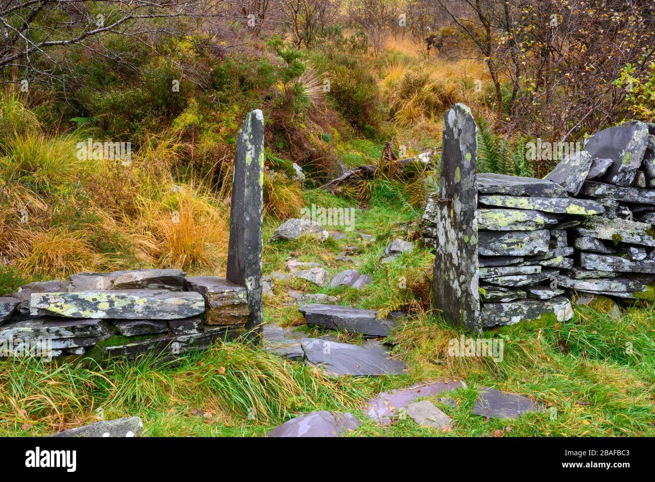 Ancienne passerelle en pierre sur le sentier pédestre dans le nord du pays de Galles Banque D'Images