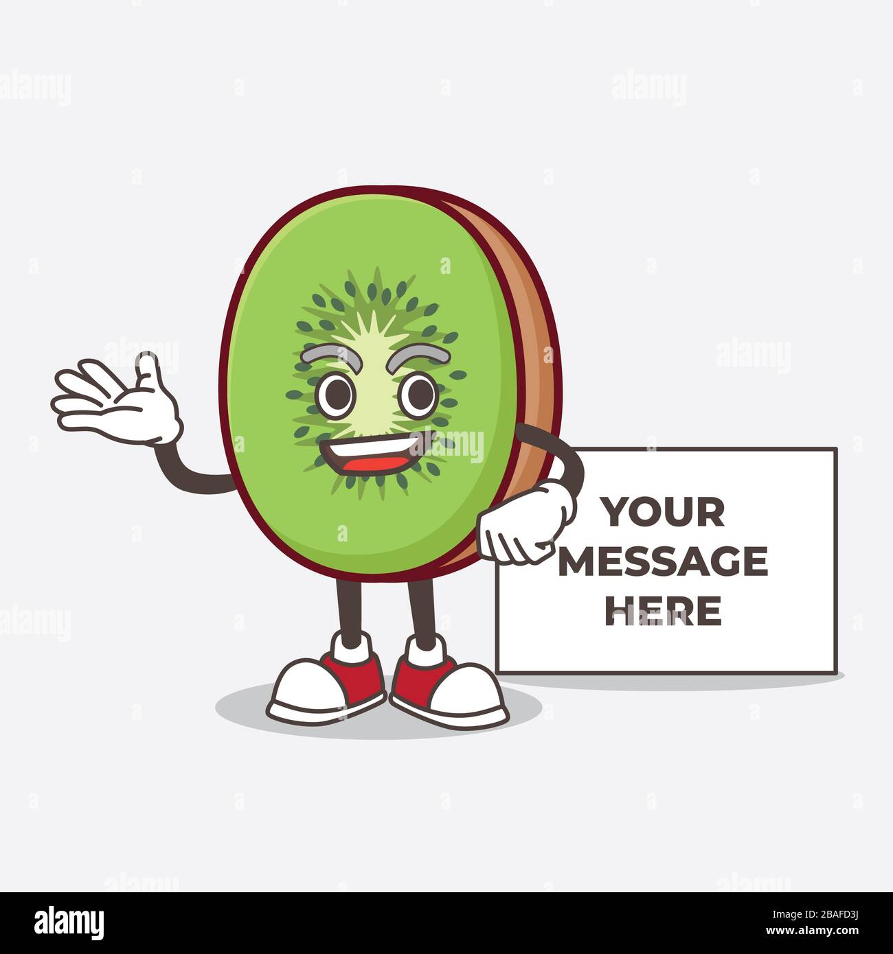 Une photo du personnage de mascotte de dessin animé de fruit de Kiwi avec tableau blanc Banque D'Images