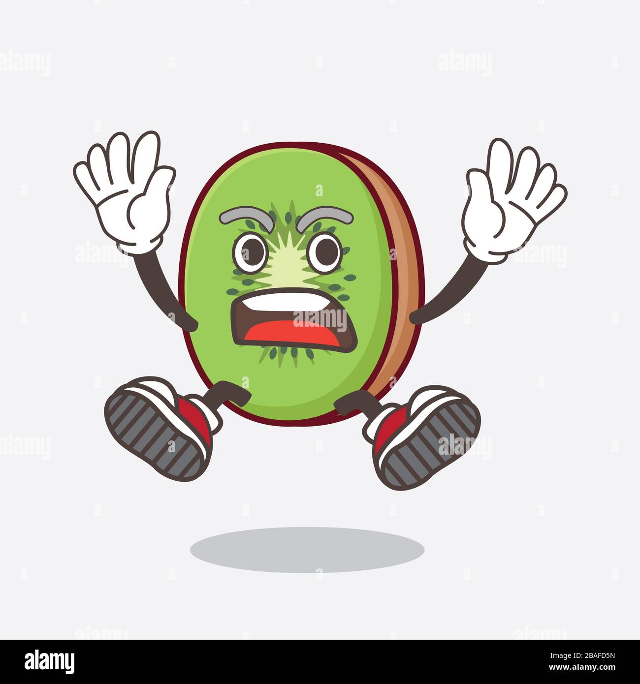 Une photo du personnage de mascotte de dessin animé des fruits de Kiwi avec un geste choquant Banque D'Images