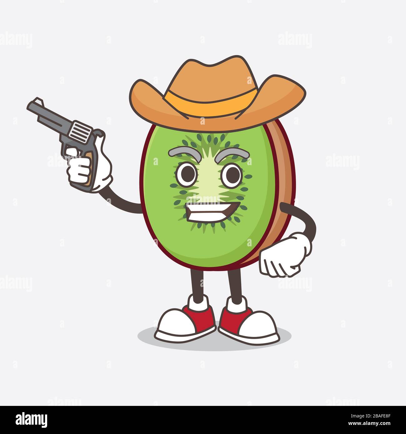 Une photo du personnage de mascotte de dessin animé de fruit de Kiwi tenant le fusil Banque D'Images
