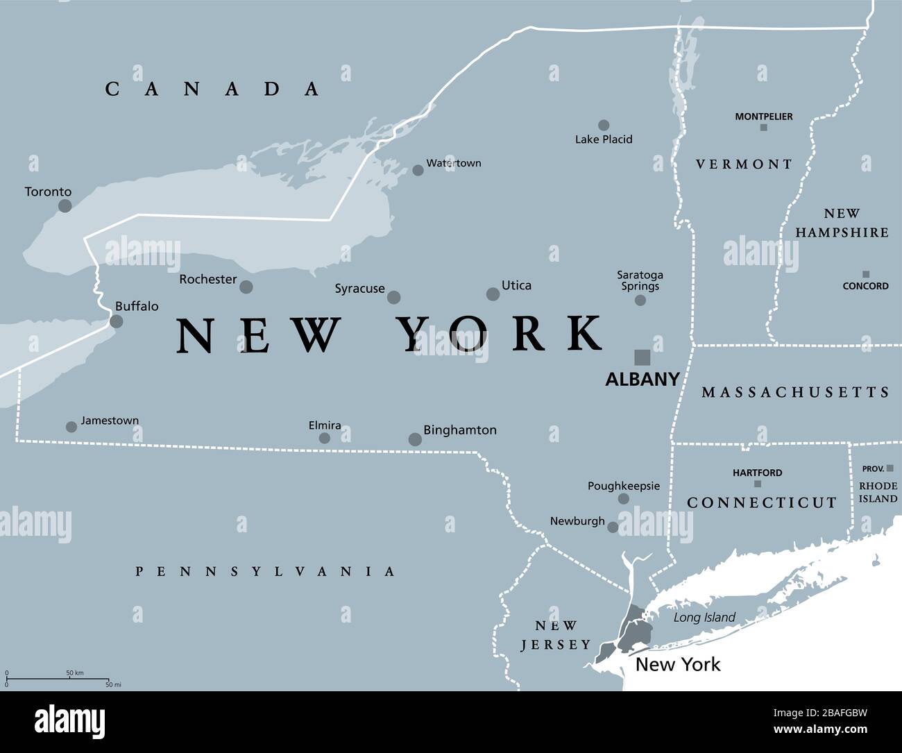 New York State (NYS), carte politique grise, avec la capitale Albany, les frontières et les villes importantes. État dans le nord-est des États-Unis d'Amérique. Banque D'Images