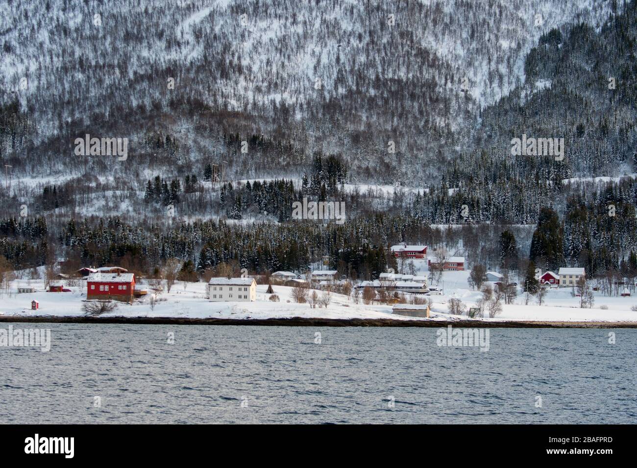 Vue sur les fermes et les maisons le long du rivage du fjord de Tromso, près de la ville de Tromso, dans le comté de Troms og Finnmark, en Norvège. Banque D'Images