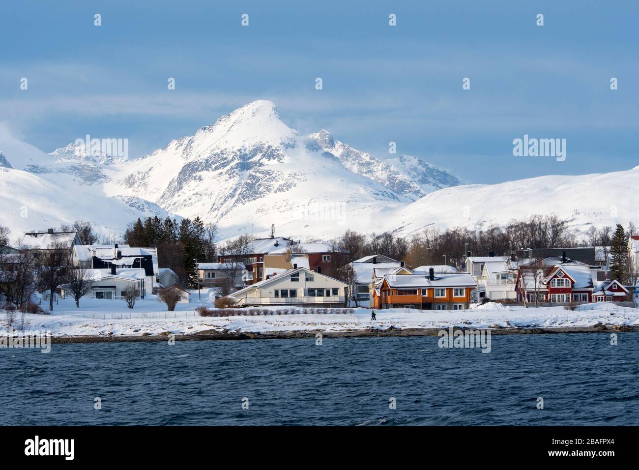 Vue sur les maisons le long du rivage du fjord de Tromso, près de la ville de Tromso, dans le comté de Troms og Finnmark, Norvège. Banque D'Images