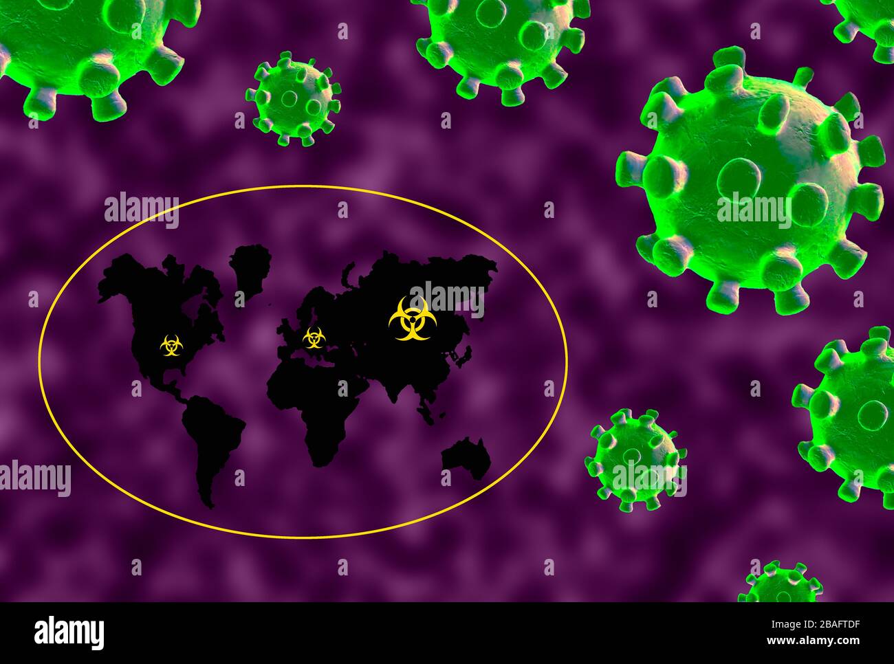 Virus ou coronavirus Covid-19 avec une carte du monde avec les points les plus pertinents de l'infection sur un fond violet Banque D'Images