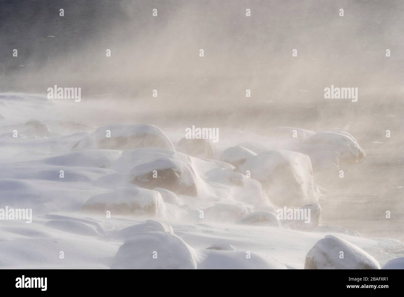 Un vent fort souffle de la neige le long de la côte enneigée de l'île de Vestvagoy, la deuxième grande île de l'archipel des Lofoten, Nordland Count Banque D'Images