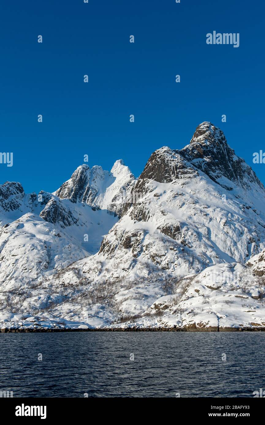 Vue sur les fjords avec des montagnes enneigées près de Svolvaer, une ville de pêche dans les îles Lofoten, comté de Nordland, Norvège. Banque D'Images