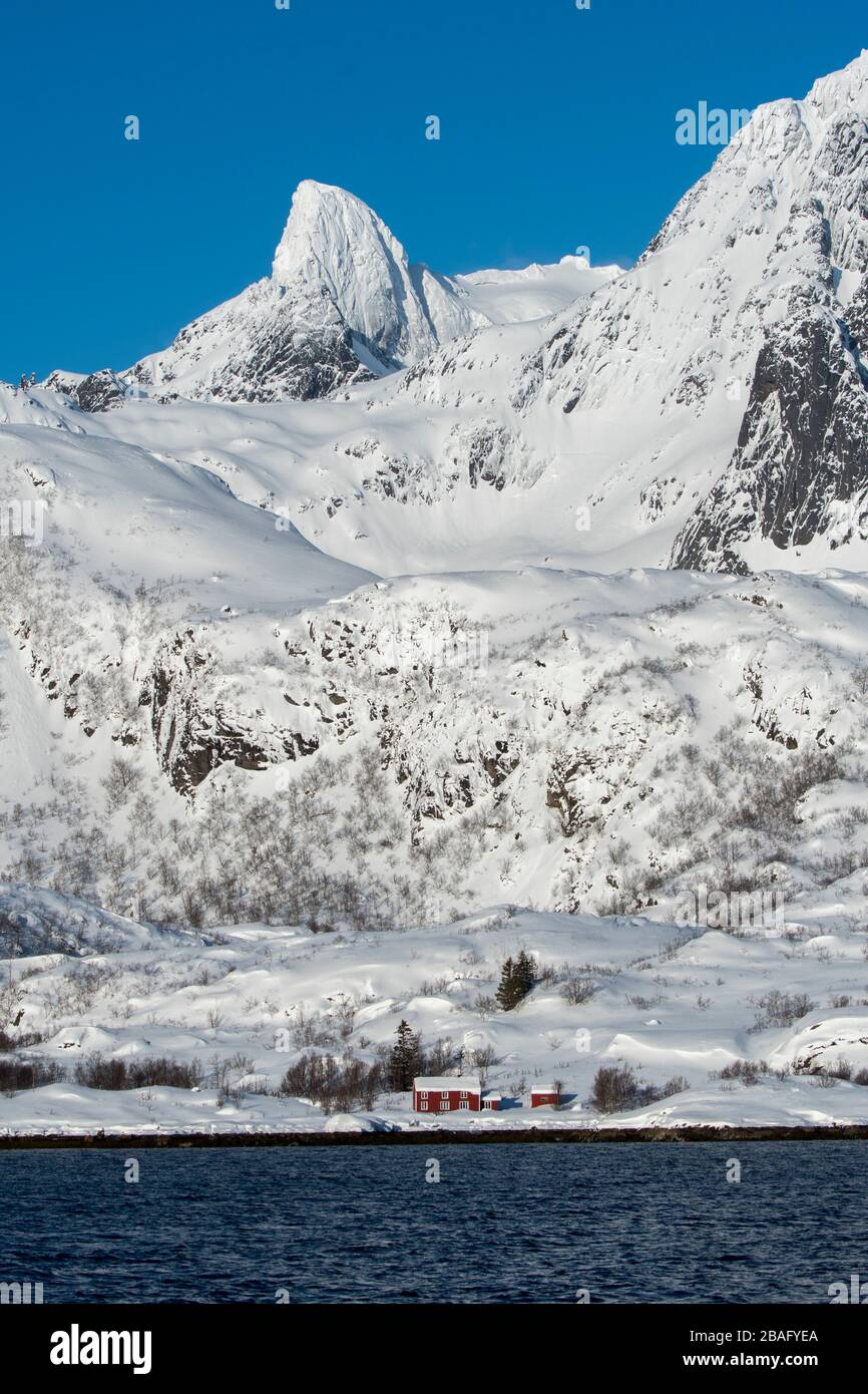 Vue sur les montagnes enneigées et les maisons de l'île d'Austvag près du célèbre Trollfjord dans les îles Lofoten, comté de Nordland, Norvège. Banque D'Images