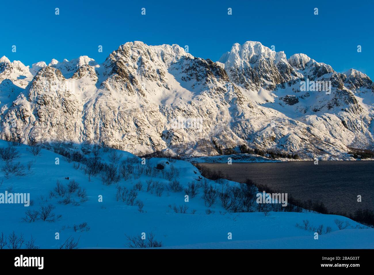 Vue sur les montagnes enneigées et le paysage de la région de Sildspolnes Sjocamp près de Svolvaer sur l'île d'Austvag dans les îles Lofoten, Nordland Co Banque D'Images