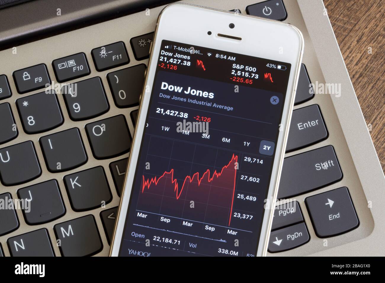 Portland, OR, États-Unis - 12 mars 2020: Indice Dow Jones vu sur un iPhone. Les stocks plongent dans le territoire du marché de l'ours en réponse à l'éclosion de coronavirus. Banque D'Images