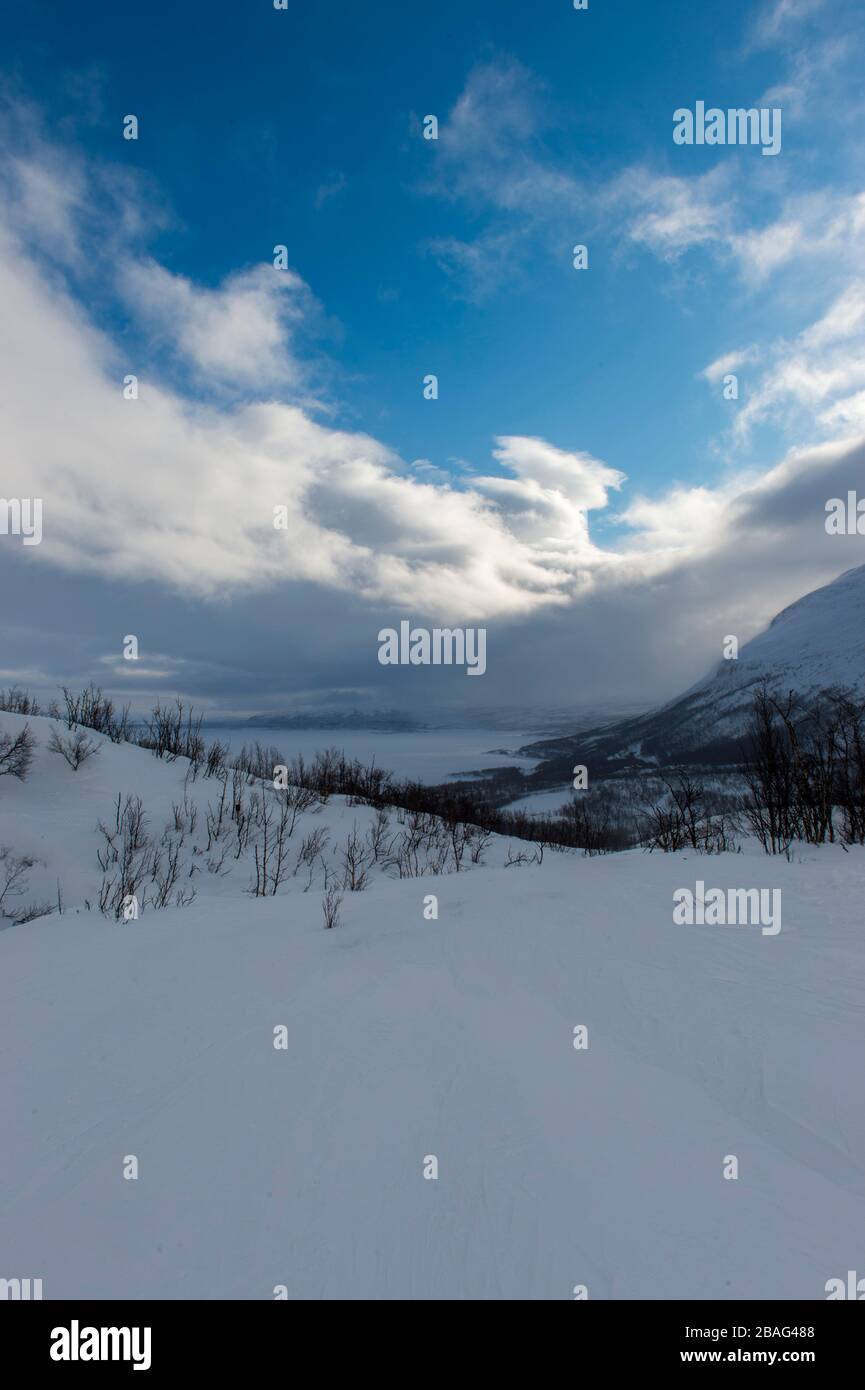 Vue depuis les pistes de ski de l'Hotel Fjallet, région de Lac Tornetrask gelé et enneigé, en Laponie suédoise, dans le nord de la Suède. Banque D'Images