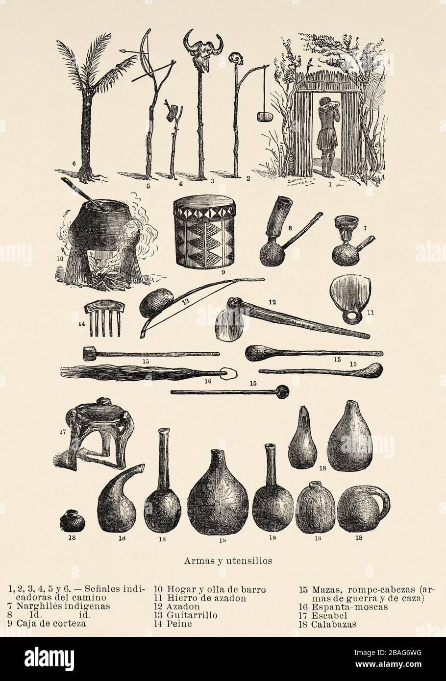 Armes et ustensiles de tribus africaines, voyage et exploration par Henry Morton Stanley, expédition comment j'ai trouvé Livingstone en Afrique centrale 1871-1872 Banque D'Images