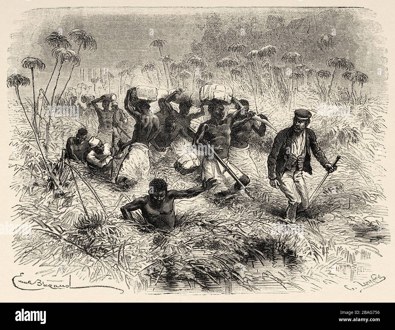 Passage à gué à travers la Ford Tchisera. Les derniers journaux de David Livingstone missionnaire et explorateur écossais, 1866-1873. Ancienne gravure El Mundo en la Ma Banque D'Images