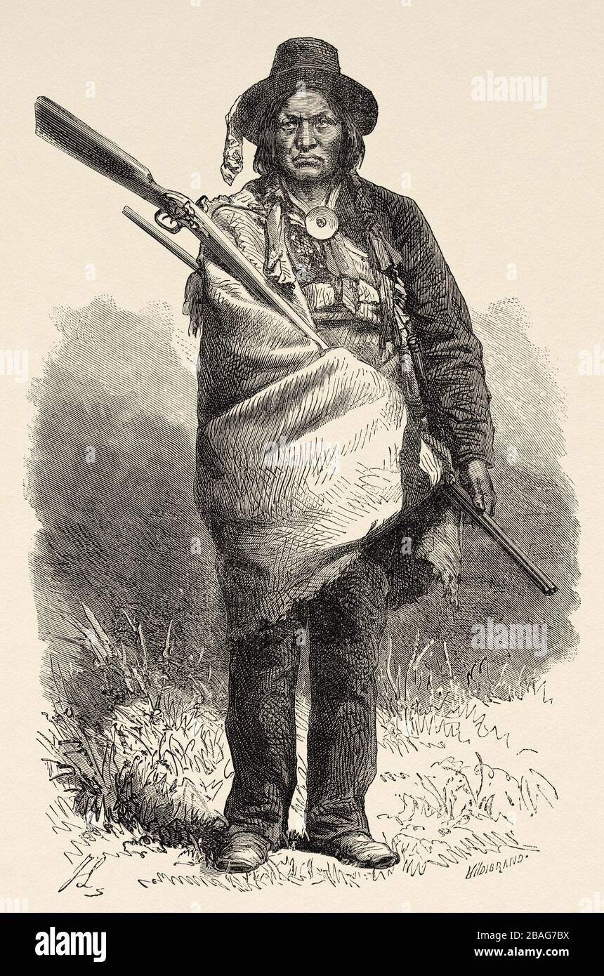 Portrait du loup tacheté, chef tribal Cheyenne, États-Unis d'Amérique. Voyage à l'américaine extrême-ouest par Simonin 1867. Ancienne gravure El Mundo en Banque D'Images