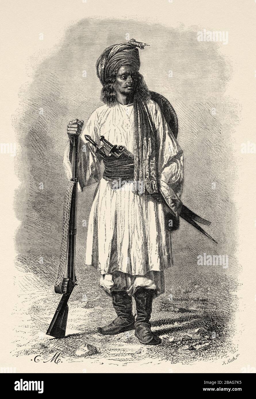 Portrait d'un soldat afghan au XIXe siècle, des voyages en Asie centrale en 1863 par Armin Vambéry. Ancienne gravure El Mundo en la Mano 1878 Banque D'Images