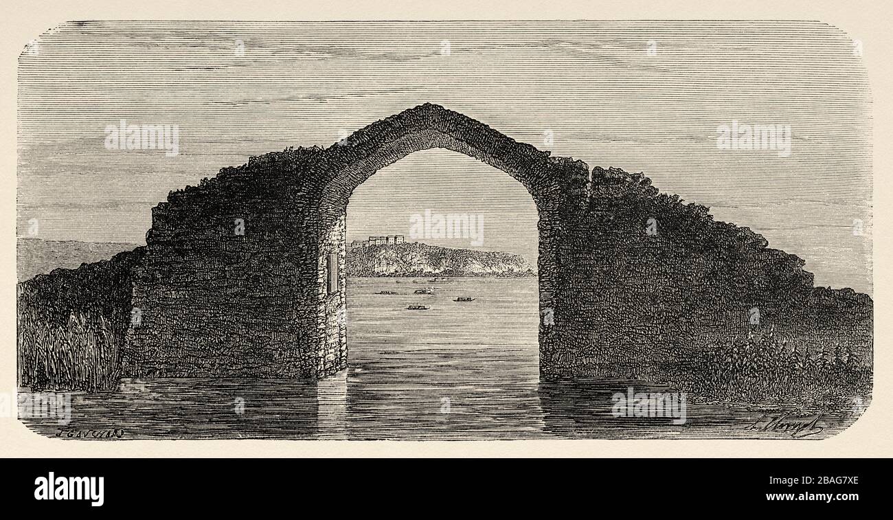 Vue sur Hari Parbat depuis le pont de shalimar. Voyage au Punjab et au Cachemire par Guillaume Lejean. Ancienne gravure El Mundo en la Mano 1878 Banque D'Images