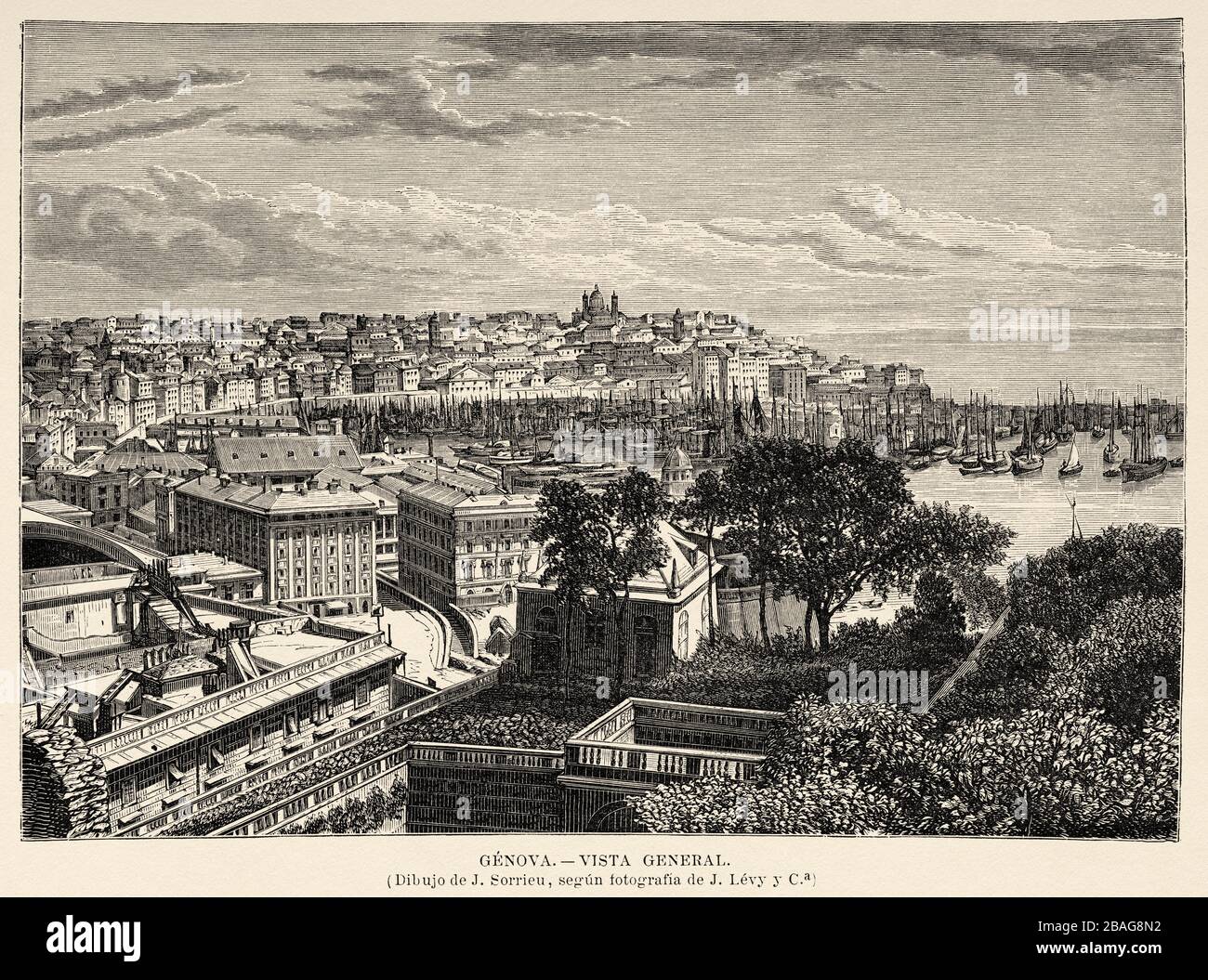 Vue panoramique sur la ville de Gênes, Italie Europe. Ancienne image d'illustration gravée du XIXe siècle du livre Nouvelle Géographie universelle Banque D'Images