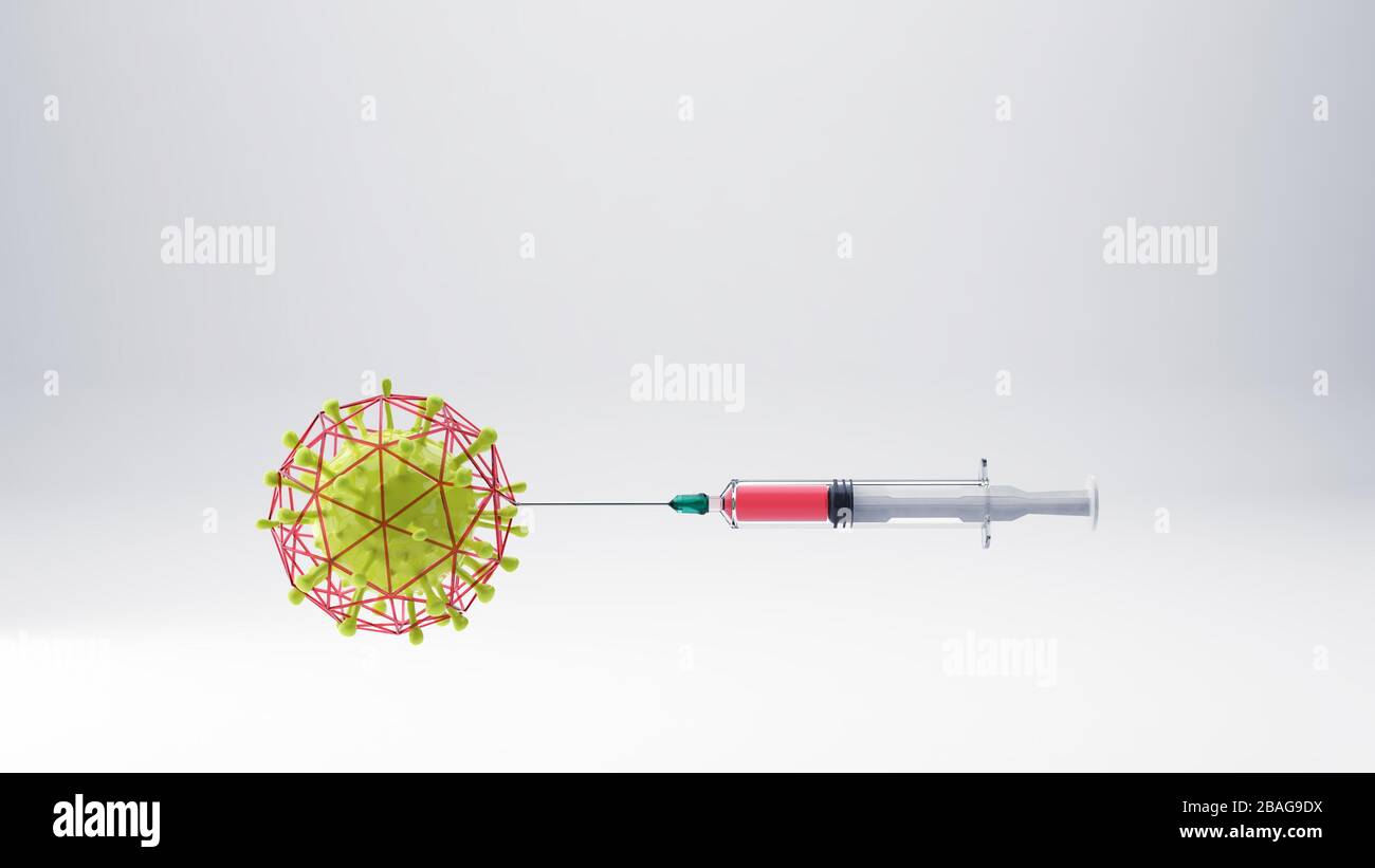 Virus Corona injecté avec le vaccin de la seringue et le concept capturé, illustration tridimensionnelle Banque D'Images