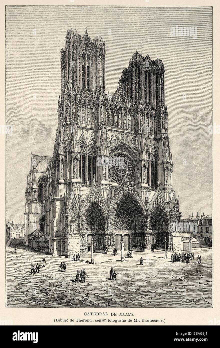 Notre Dame. Cathédrale gothique classée au patrimoine mondial par l'UNESCO, ville de Reims. Département de Marne. France Europe. Vieux 19ème siècle gravé Banque D'Images